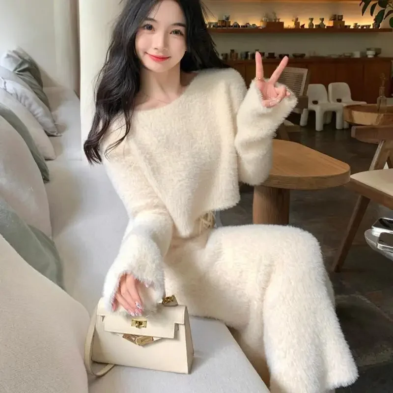 Korejepo High End Soft Waxy Small Fragrance Imitation Mink Velvet Knitted Sweater Set Celebrity Temperament Hip Skirt Two Pieces