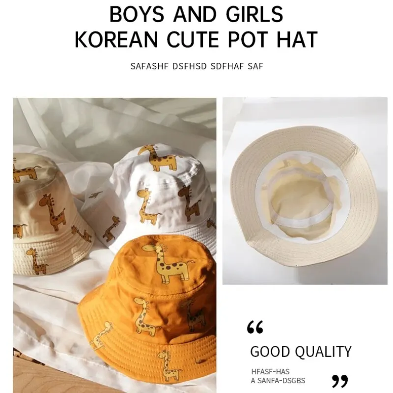 Summer Sun Protection CHILDREN\'S Fisherman Hat Cartoon Print Giraffe Flat Top Hat for Boys and Girls Korean Version Cute Basin