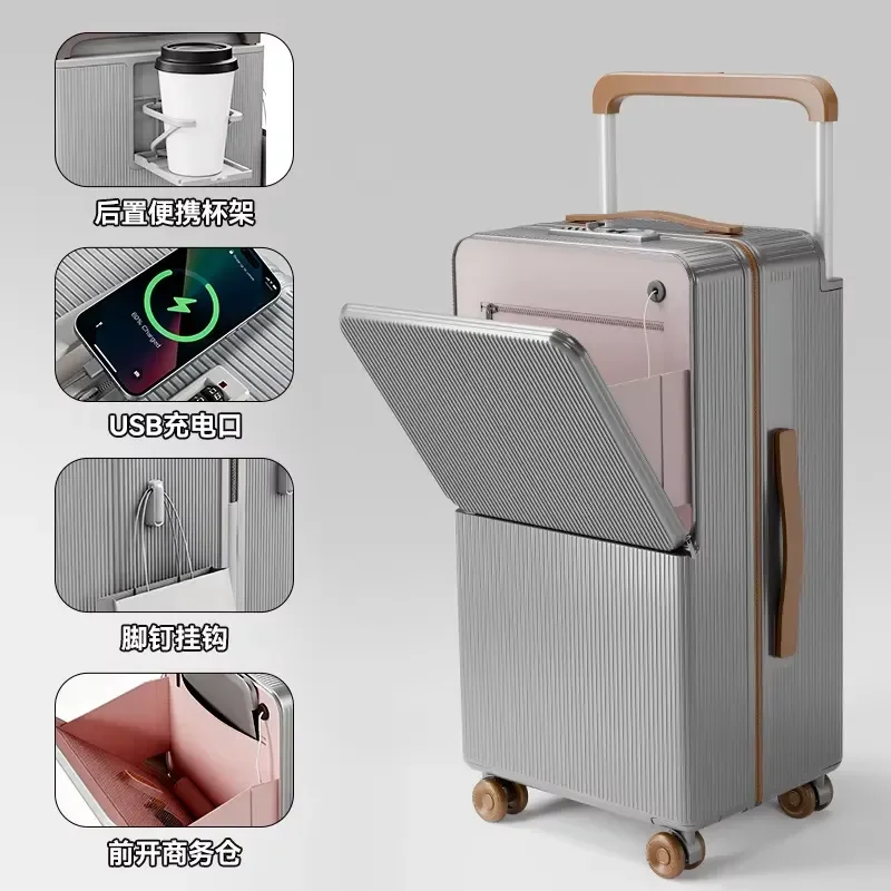 Hard Shell Luggage with Universal Wheels TSA Lock USB Port Cup Holder Phone Stand Open Top Design Travel Suitcase
