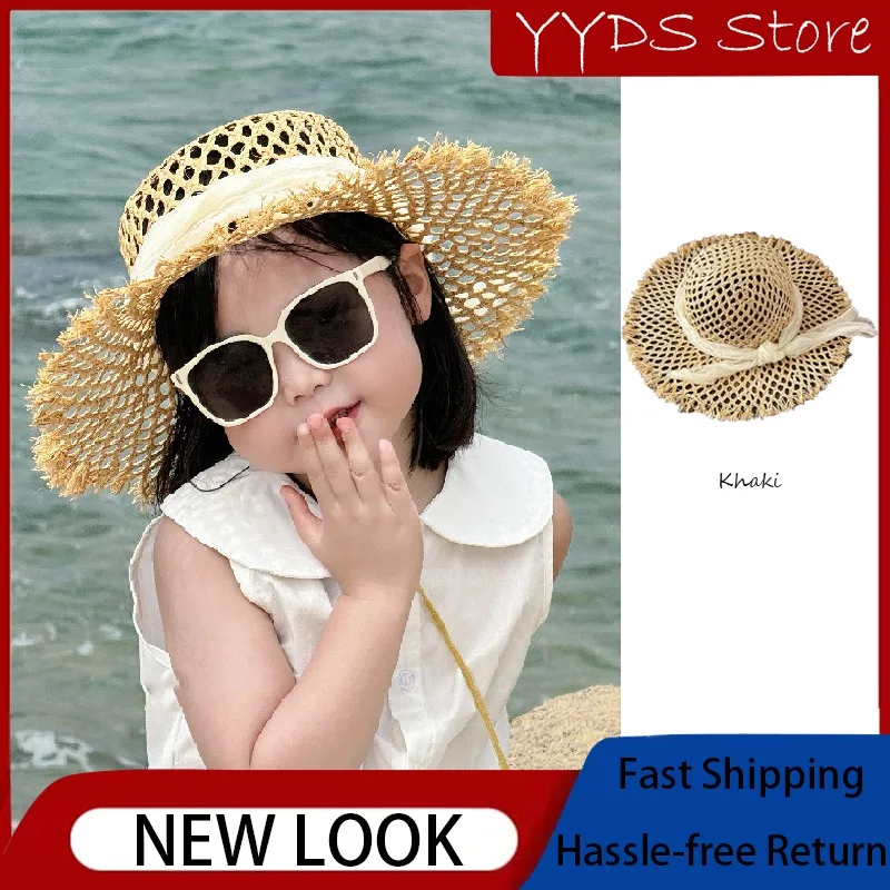 女の子用ラフィア麦わら帽子-夏用中空ワイドブリムキッズビーチ旅行写真撮影用-通気性uvカット屋外子供用帽子
