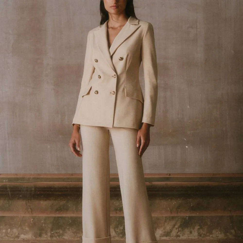 우아한 빈티지 여성용 투피스 수트 세트, 더블 브레스티드 피크 라펠 재킷 팬츠 세트, 오피스 연회 비즈니스 여성 의류
