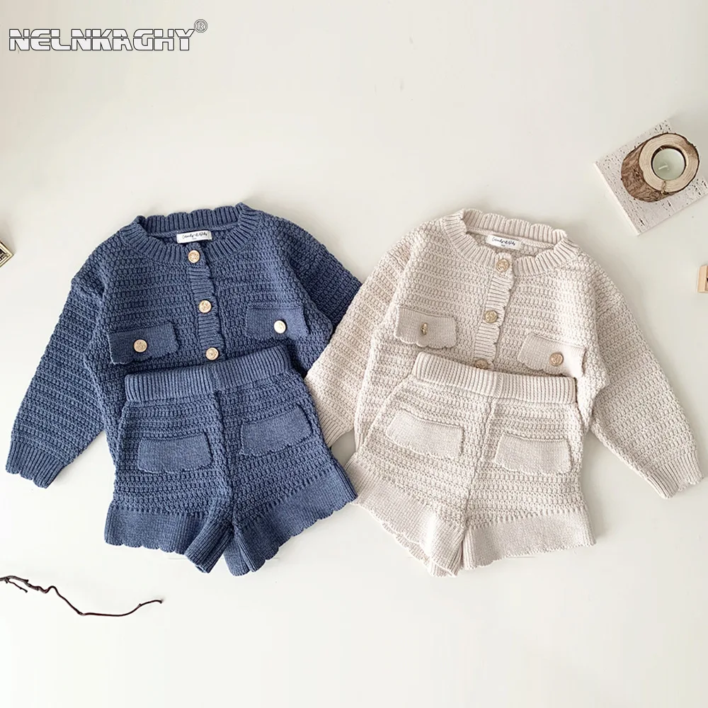 

New in For Fall 2023: Baby Girls Knitted Cardigan+Shorts Set - Infant Children Clothing 2 Piece Combo with Full Sleeves Pocket