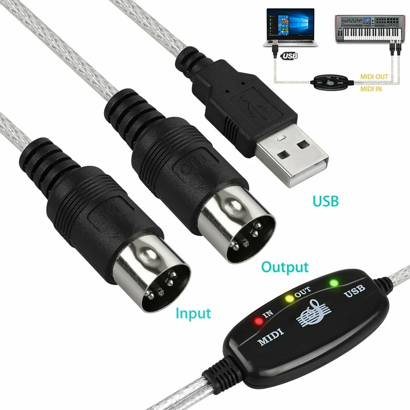 MIDI to USB Cable Converter Connector PC to Synthesizer Music Keyboard Adapter for Home Music Studio