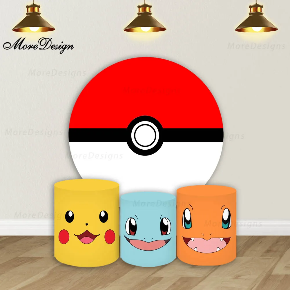 

Pokemon Poké Ball Photo Backdrop Round & Cylinder Covers Kids Birthday Decora Pikachu Squirtle Charmander Photography Background