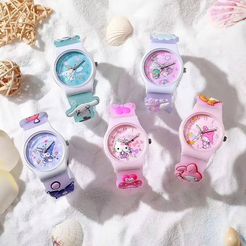 Sanrio-Reloj de pulsera con patrón 3D para niños, accesorio de cuarzo resistente al agua con diseño de Hello Kitty Cinnamoro, correa de reloj de