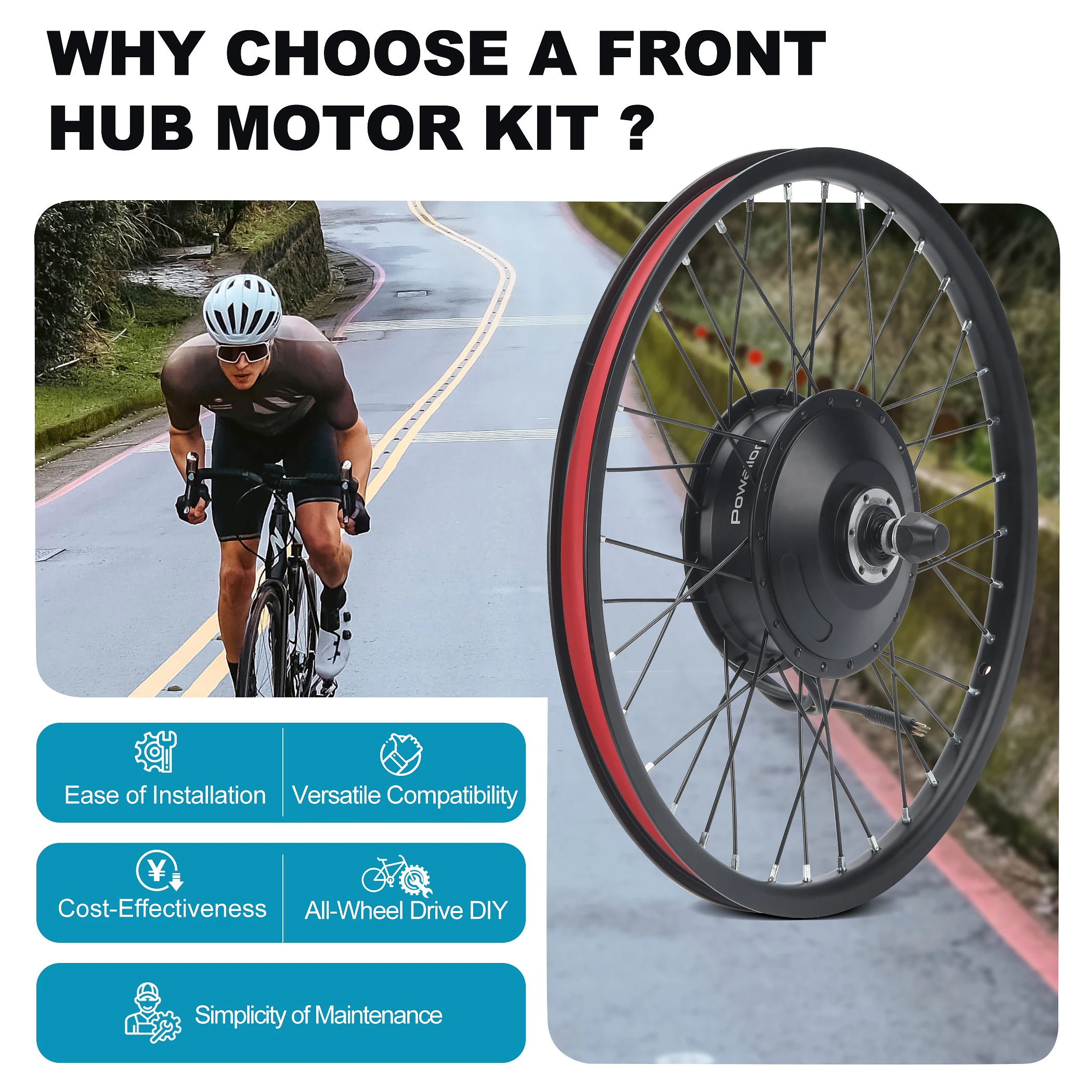 Front Wheel Ebike Conversion Kit, Convert bike to Electric Bicycle with 48V 500W Front Hub Motor, 900W Peak Power, 28mph Speed