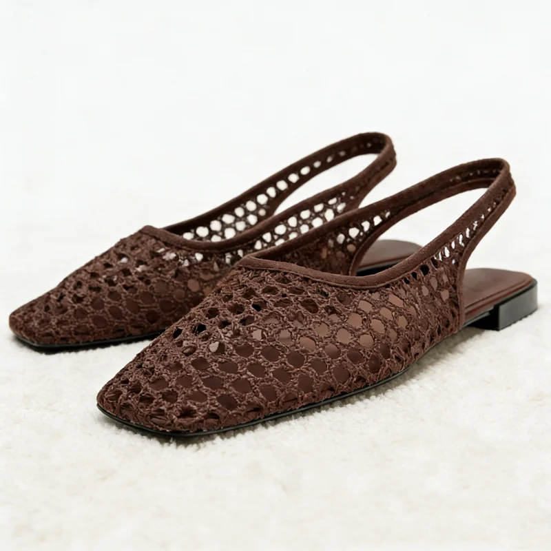 

Brown Mesh Cutout Flat Sandals Women Fashion Square-toe Back Strap Designer Shoes Summer Comfortable Light Holiday Beach Sandals