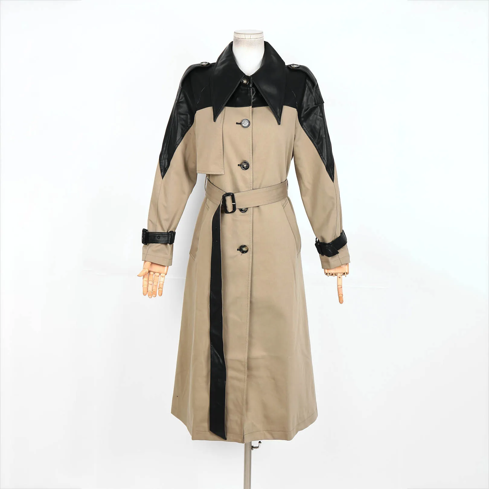 

2025 Spring Women's Beige & Brown Contrast Trench Coat with Leather Patches Belted Long Windbreaker Fashion Elegant Office