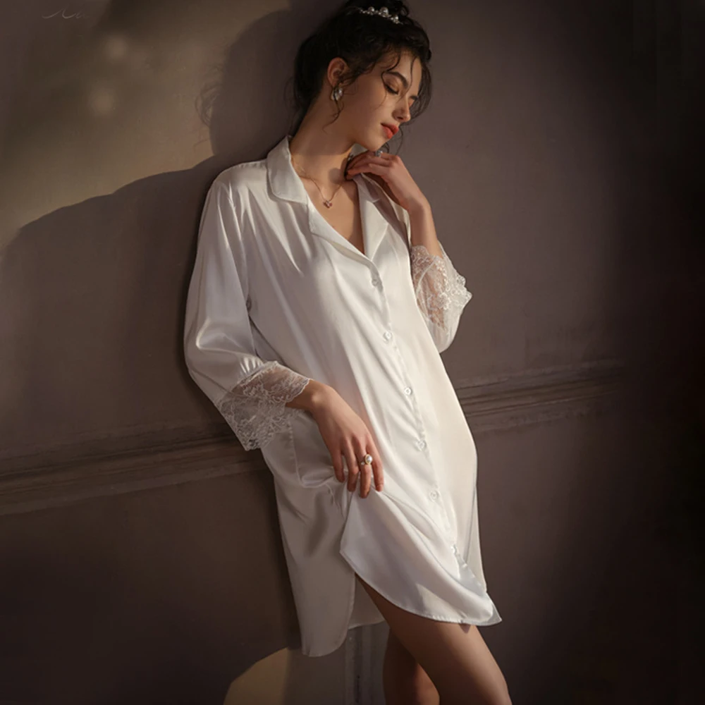 Women Satin Sleep Shirt Lace Trim 3/4 Long Sleeve Nightgown Button Down Nightshirt Silk Sleepwear Soft Pajama Dress Sleep Dress