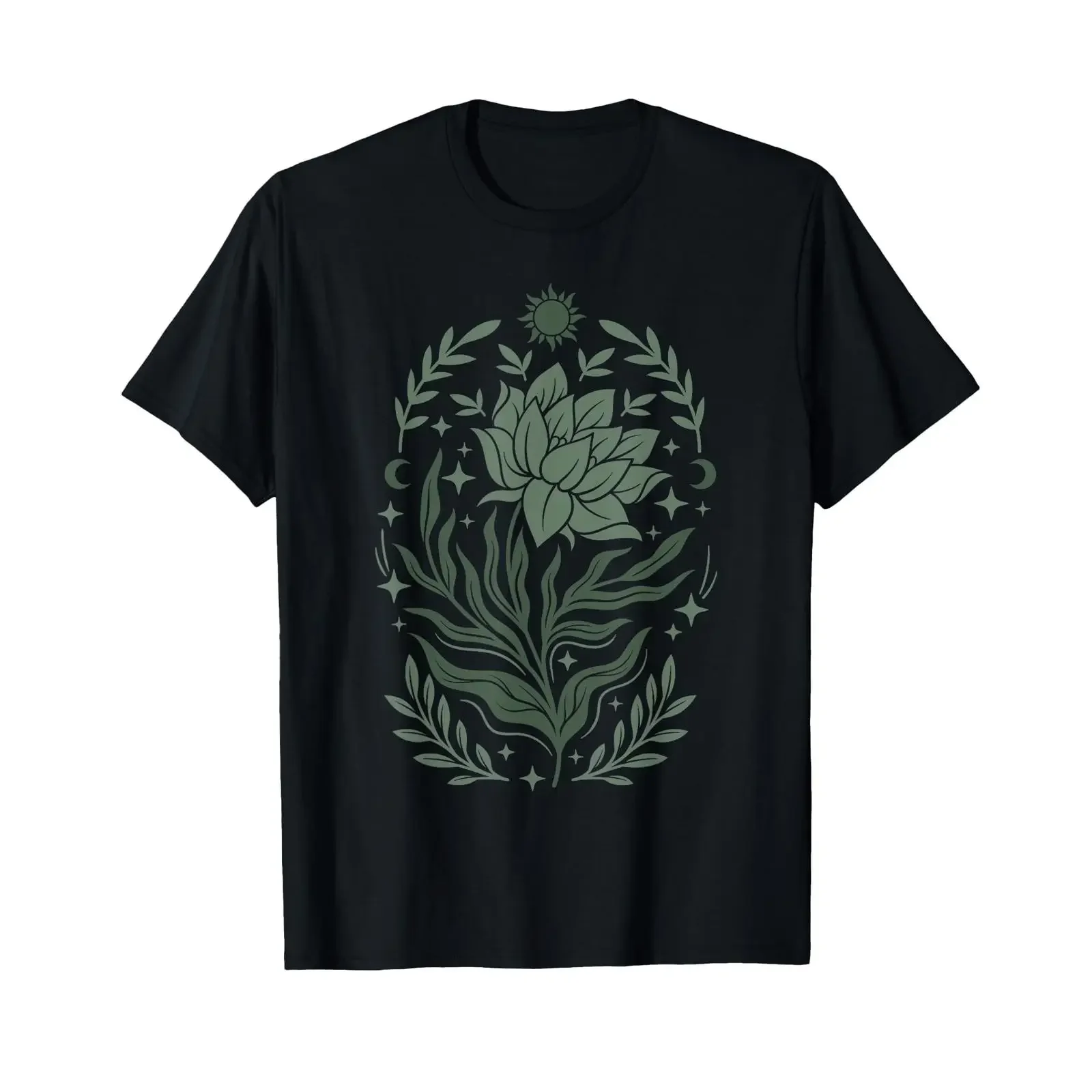 Sage Green Flowers Sun Crescent Moon Boho Floral Celestial T Shirt vintage Washed designer clothes Comfortable streetwear