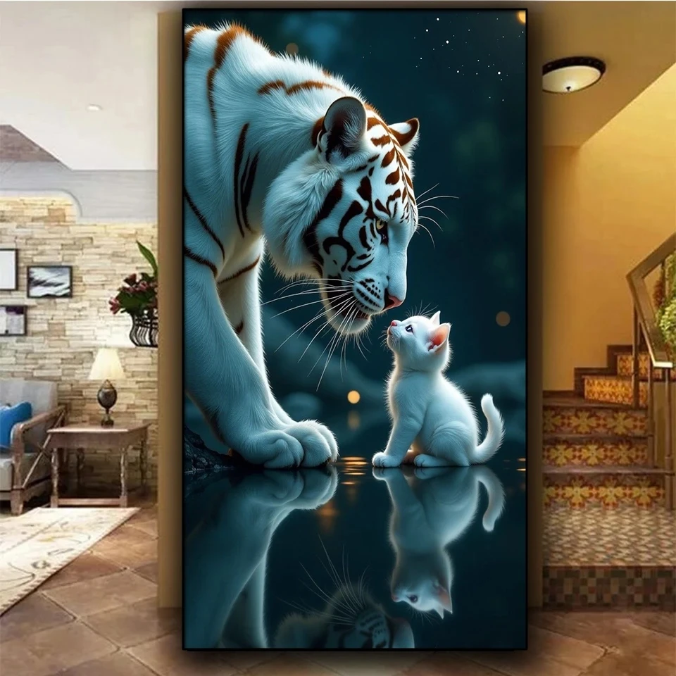 

Белый Большой Тигр И Кот Diy Алмазная Живопись Ювелирные Изделия Вышивка Крестом Сиамond Art Кристалл Мозаика Последний Креативный Птица Домашний Декор