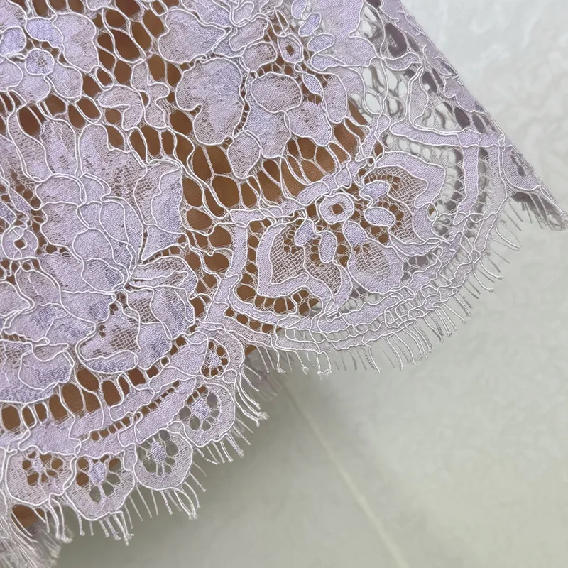 ฤดูใบไม้ผลิฤดูร้อนคุณภาพสูงหวานสีม่วงลูกปัดสั้นชุดแฟชั่นแขนสั้นลูกไม้ Openwork งานแต่งงานหรูหราภาษาฝรั่งเศสคําชุด