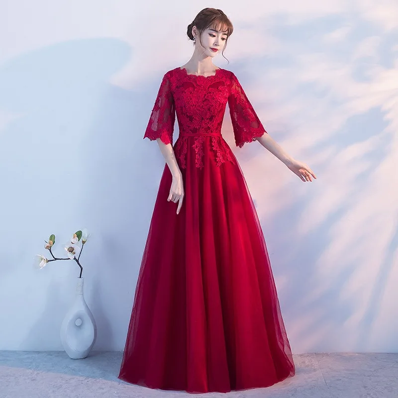 

WYHS-100#Wine Red Cantata Performance Dress New Banquet Party Host Dress Summer Long Yarn Dress Cheap Wholesale Custom Plus Size