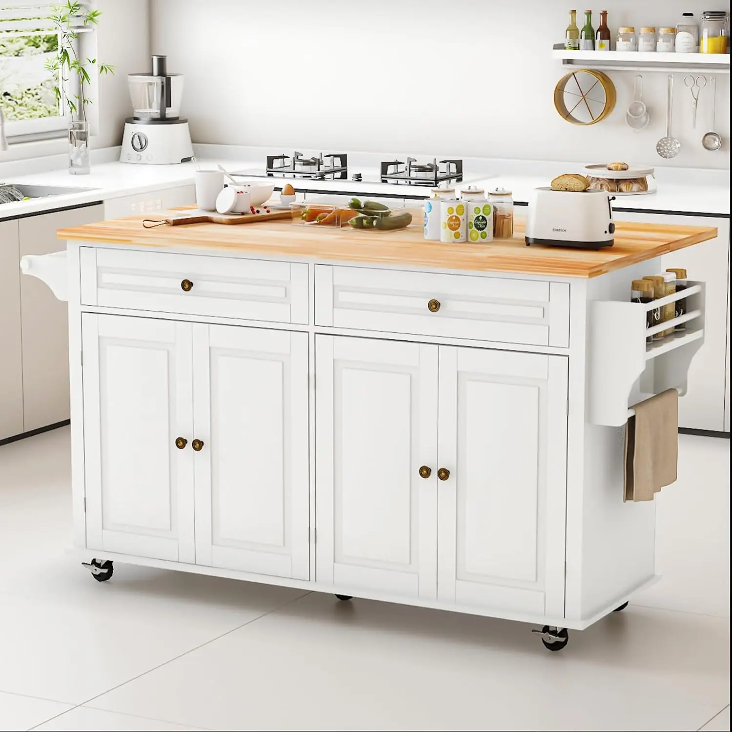 

Kitchen Island Cart with Wood Top and Drop Leaf, Storage Cabinet, Spice Rack and Towel Rack for Dining Room, White