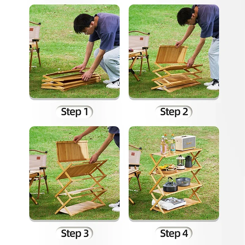 Camping Bamboo Shelf Rack Foldable Outdoor 3 Plies 4 Plies Folding Storage Rack portable table Flower Rack Shoe