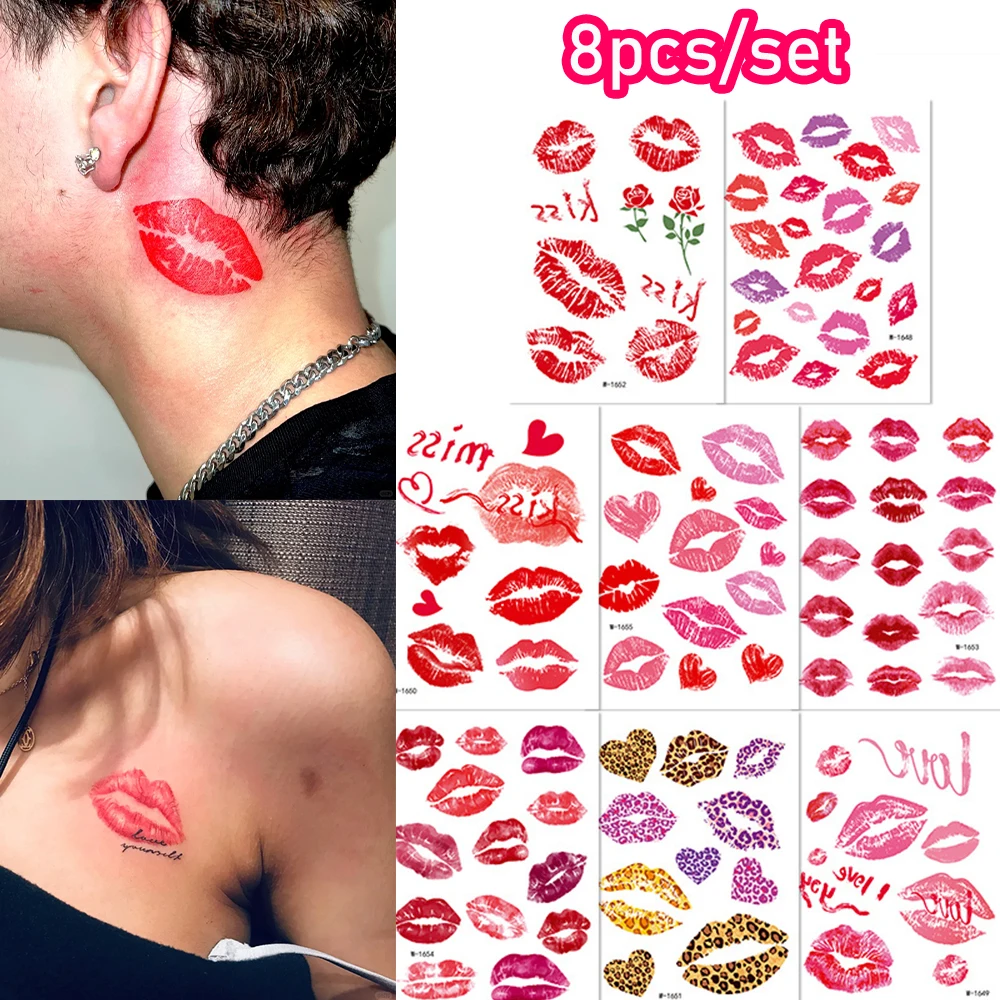

8pcs Red Lips Print Temporary Tattoos Stickers Red Kiss, Rose Flowers Valentine Day Decoration WaterTransfer DIY Tattoos Sticker