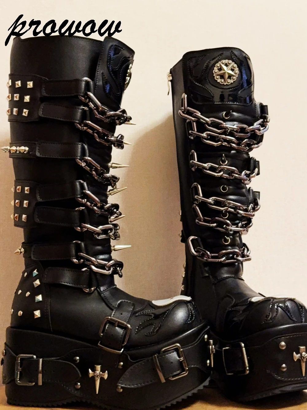 

Сапоги до колена на платформе в стиле панк с цепочкой и заклепками на толстой подошве, женская обувь Zapatos mujer