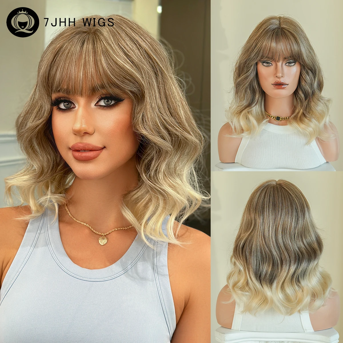 

7JHH WIGS Shoulder Length Water Wave Brown Ombre Blonde Wig for Women High Density Synthetic Modest Fashion Wigs with Neat Bangs