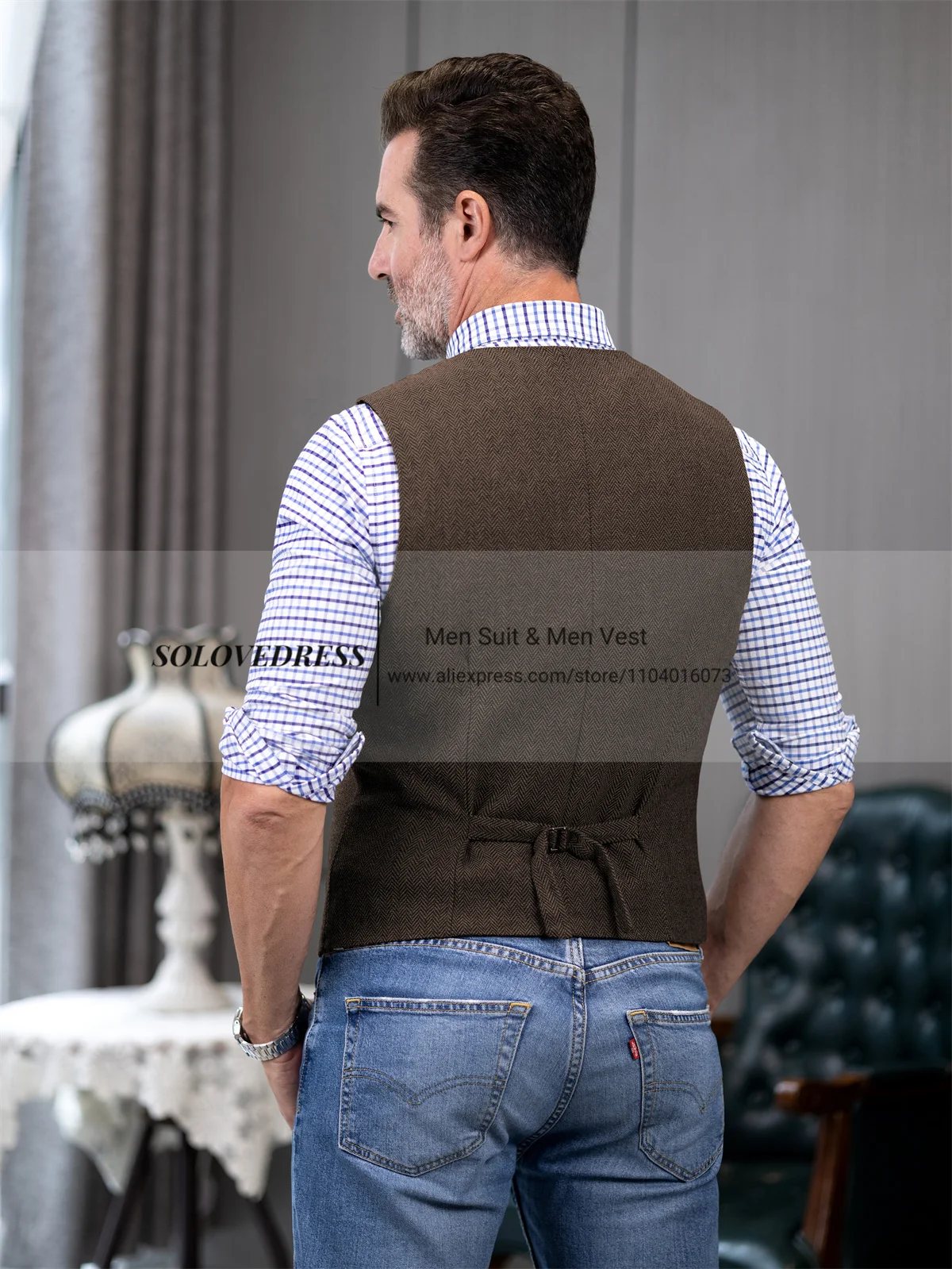 سترات بدلة رجالية برقبة على شكل V من الصوف المتعرج تويد مزدوجة الصدر صدرية سهرة لرفقاء الزفاف #5