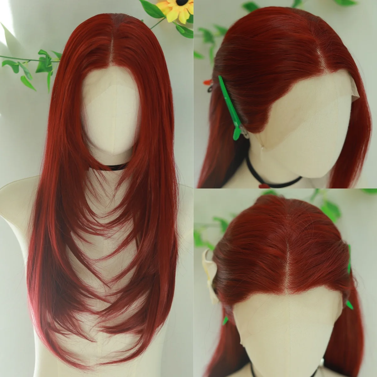 

Бордовый Красный Многослойный Парик Шнурка Прямые Парики Фронта Шнурка Предварительно Сорванные 13x4 HD Синтетический Парик Фронта Шнурка Высокое Качество Косплей