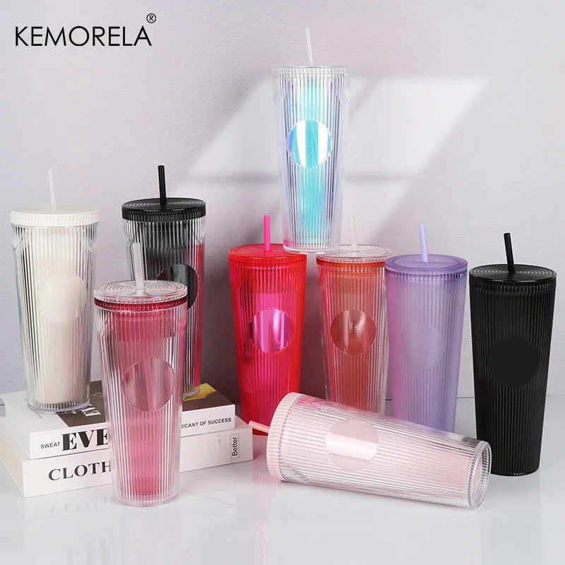 710ML Plastic Straw Cup Vertical Stripe Double Wall Coffee Mug Heat-resistant Tea Cup High Capacity Transparent Milk Water Cup