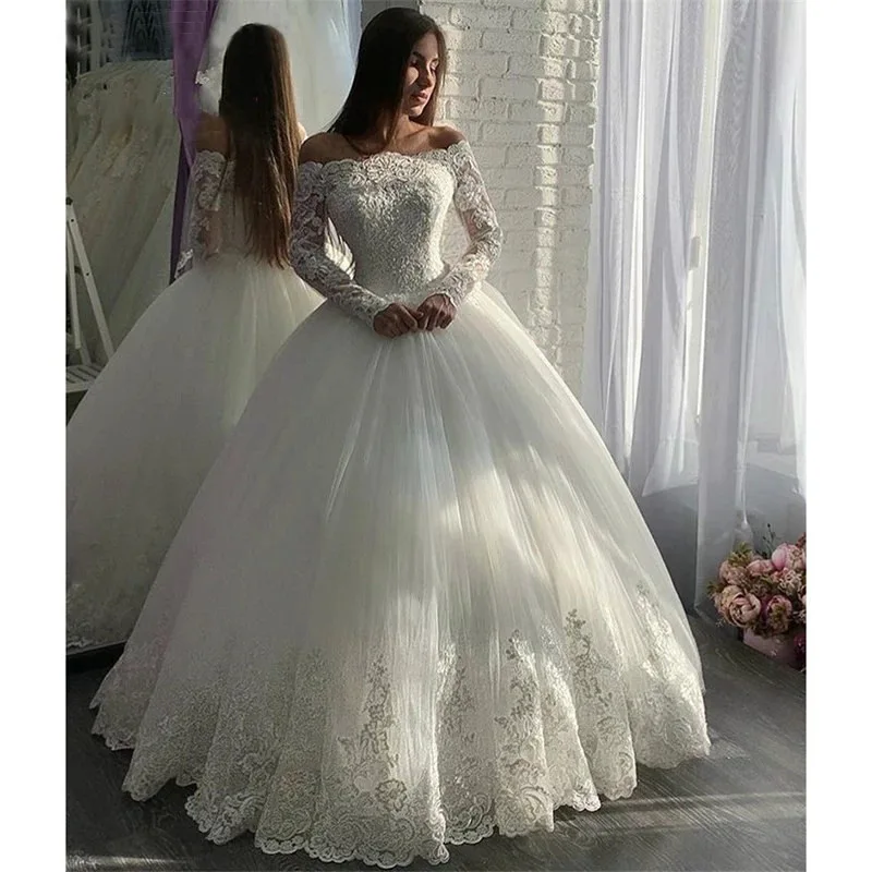 

GUXQD Long Sleeves Ball Gown Wedding Dress Vestido De Noiva Fashion Lace Applique Floor-Length Boho Princess Bridal Gowns