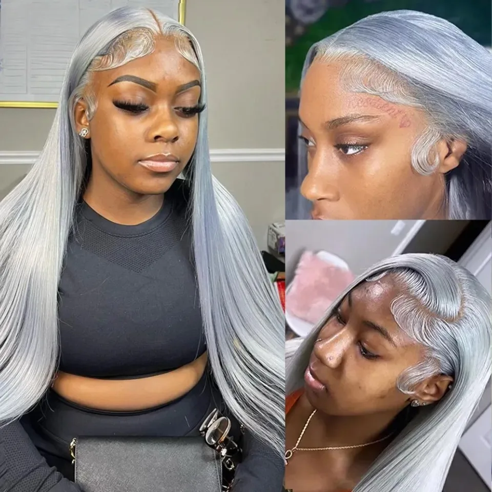 Perruques Lace Front Wig lisses de couleur gris argenté, sans colle, 13x4 HD, perruques Lace Frontal transparentes pour femmes, Cosplay pré-épilées