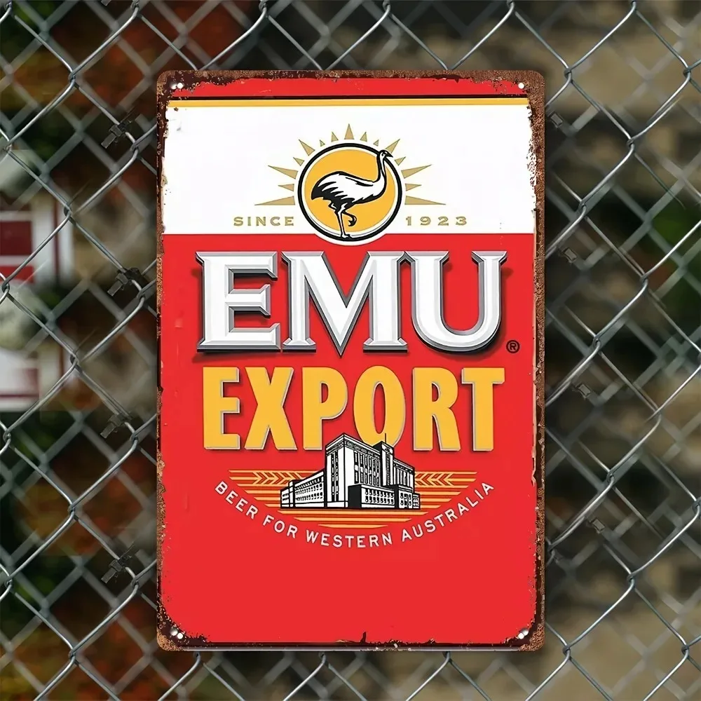 Emu Export Beer "فن حائط عتيق من الألومنيوم - لافتة معدنية مستوحاة من آرت ديكو مع رسومات مصنع الجعة المعقدة، مثبتة على الحائط