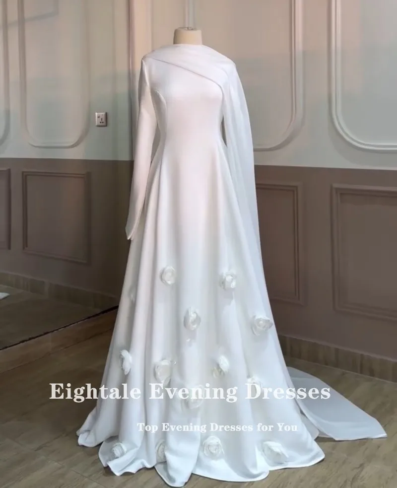 Eightale vestido de casamento árabe o pescoço personalizado marfim cetim vestido de noiva 3d flores a linha até o chão vestido de festa de noiva muçulmana