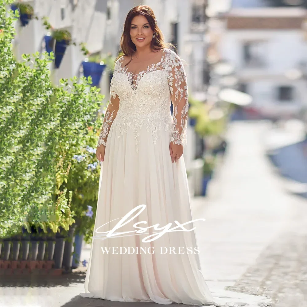 Plus Size Illusion Boat Neckline Long Sleeve Lace Wedding Dress Applique Bodice Flowing Chiffon A Line Skirt with Sweep Train
