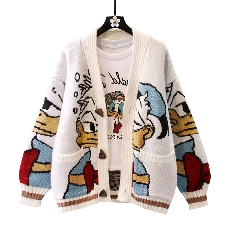 Donald Duck Women\'s Spring and Autumn Versatile Knitted Cardigan Sweet and Fresh Creative Cartoon Loose V-neck Sweater Jacket