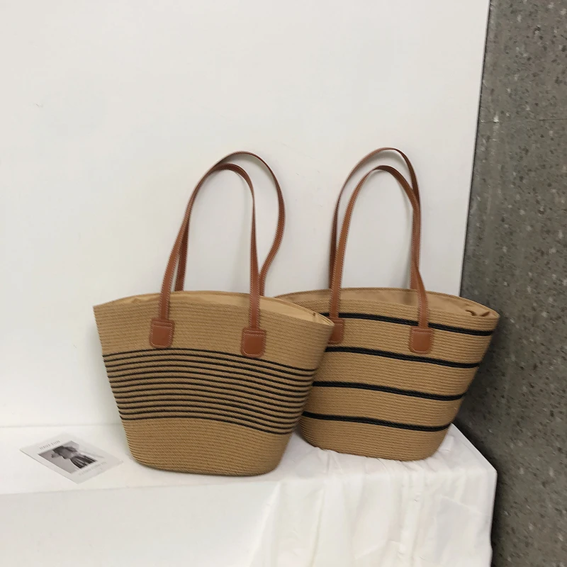 Women Fashion Striped Summer Beach Straw Knitting Shoulder Bag Hollow Out Handwoven Handbags Portable Large Capacity Casual Tote