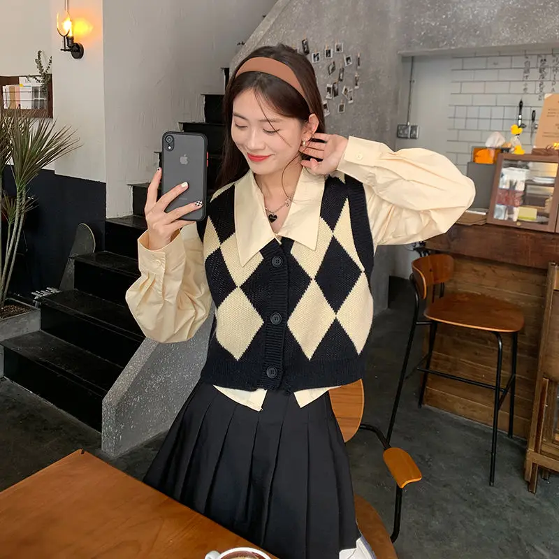 

Женские комплекты, винтажный укороченный жилет Argyle, рубашки с v-образным вырезом, кавайный корейский стиль, милый Harajuku, модная повседневная весенняя одежда для подростков