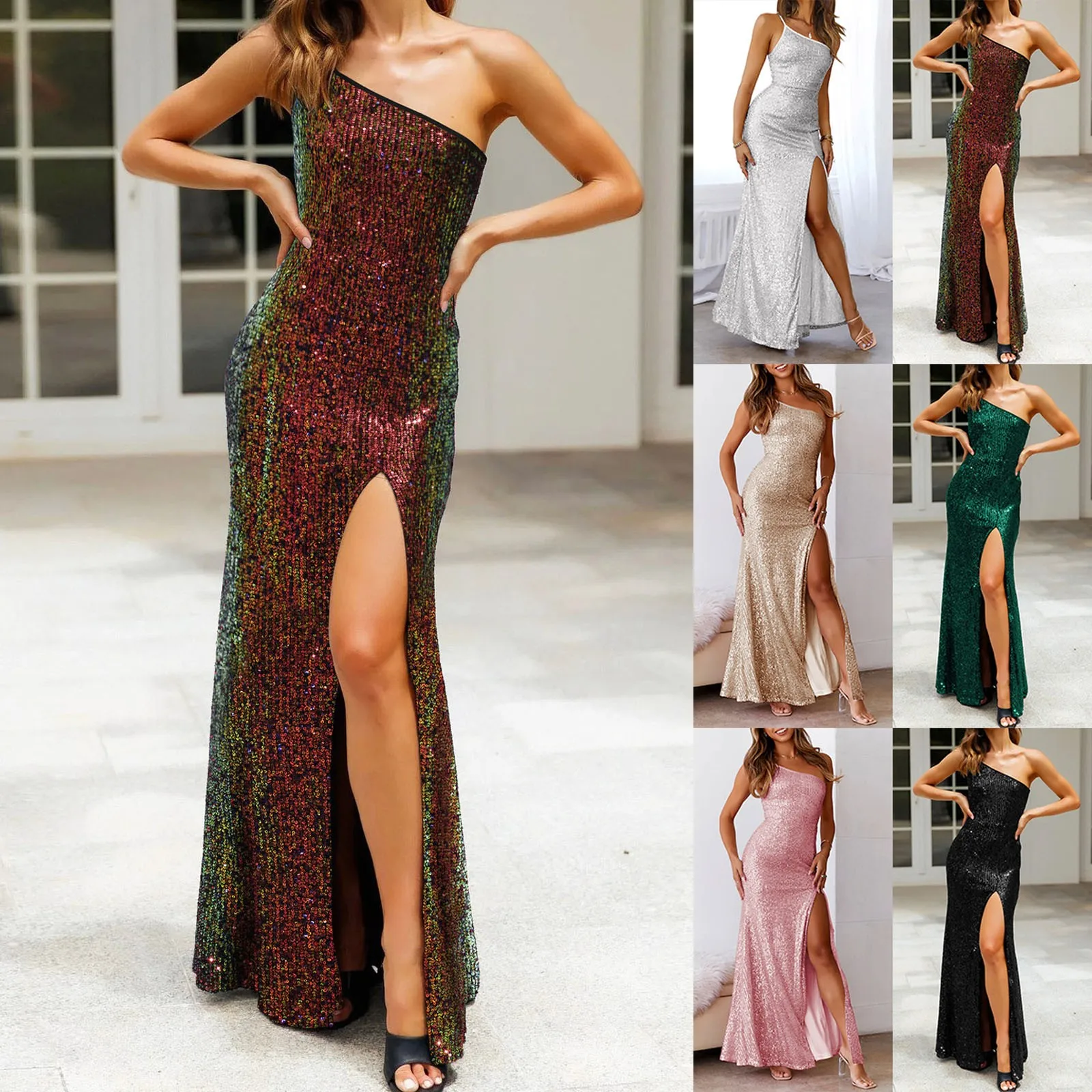 Women's Dresses, Spring and Summer Sequined Suspenders One Shoulder Sequins Sexy Nightclubs Wedding Evening Dresses Elegance