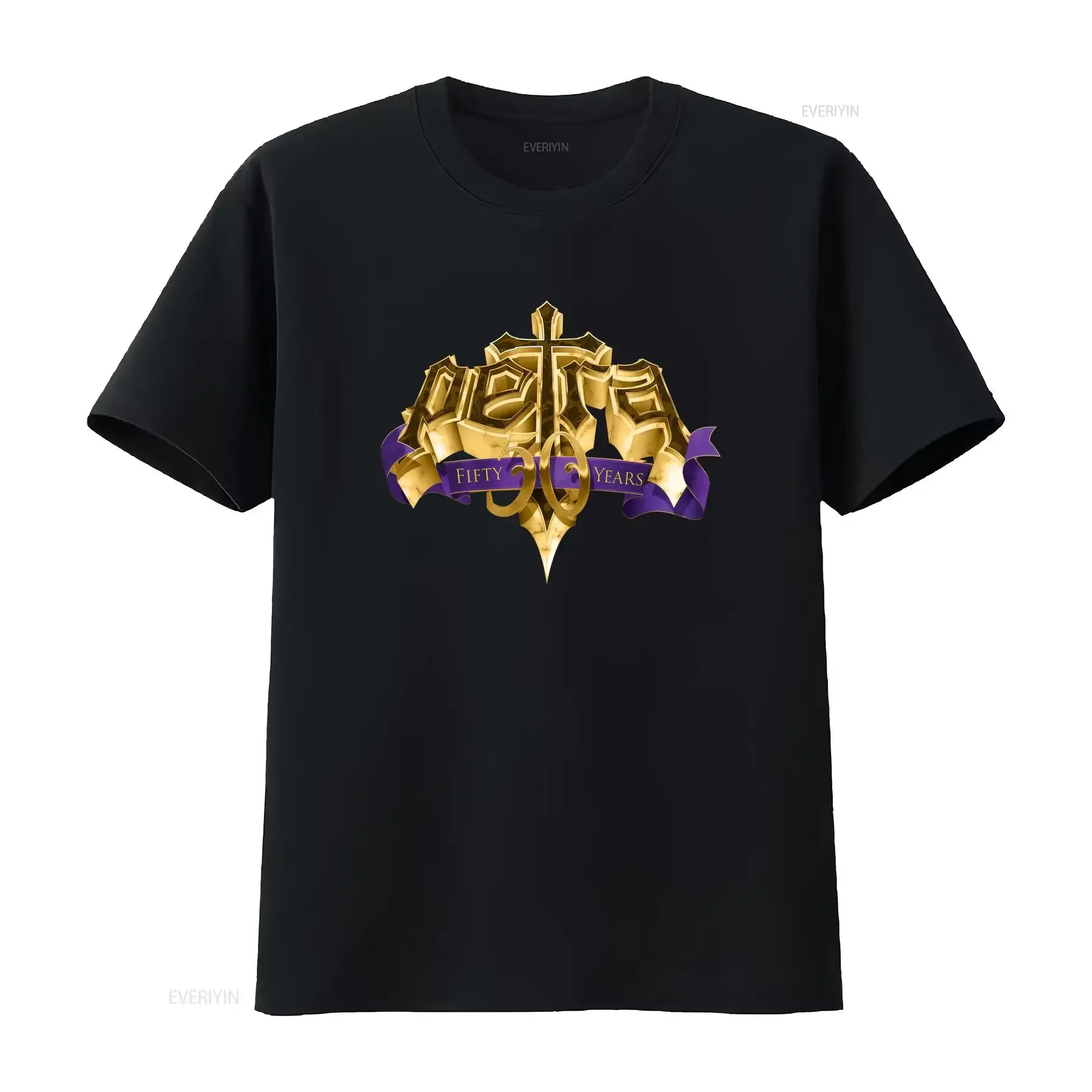 Camiseta 2 SIDES 50th Anniversary Petra Band Clássica Preta S 5XL com Design de Cruz Dourada e Fita Roxa U031 Vintage Lavada Unissex