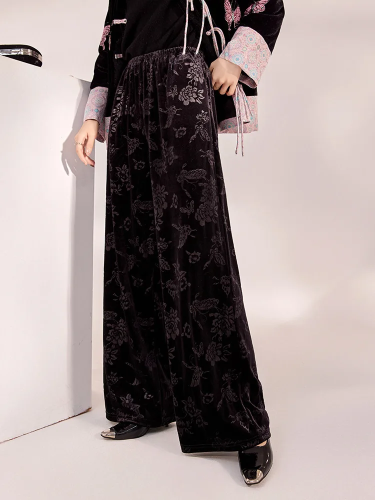 Spring and Autumn New Chinese Style New Elegant Elastic Waist  Wide Leg Pants Jacquard Casual Design Loose Long Pants Female S-L