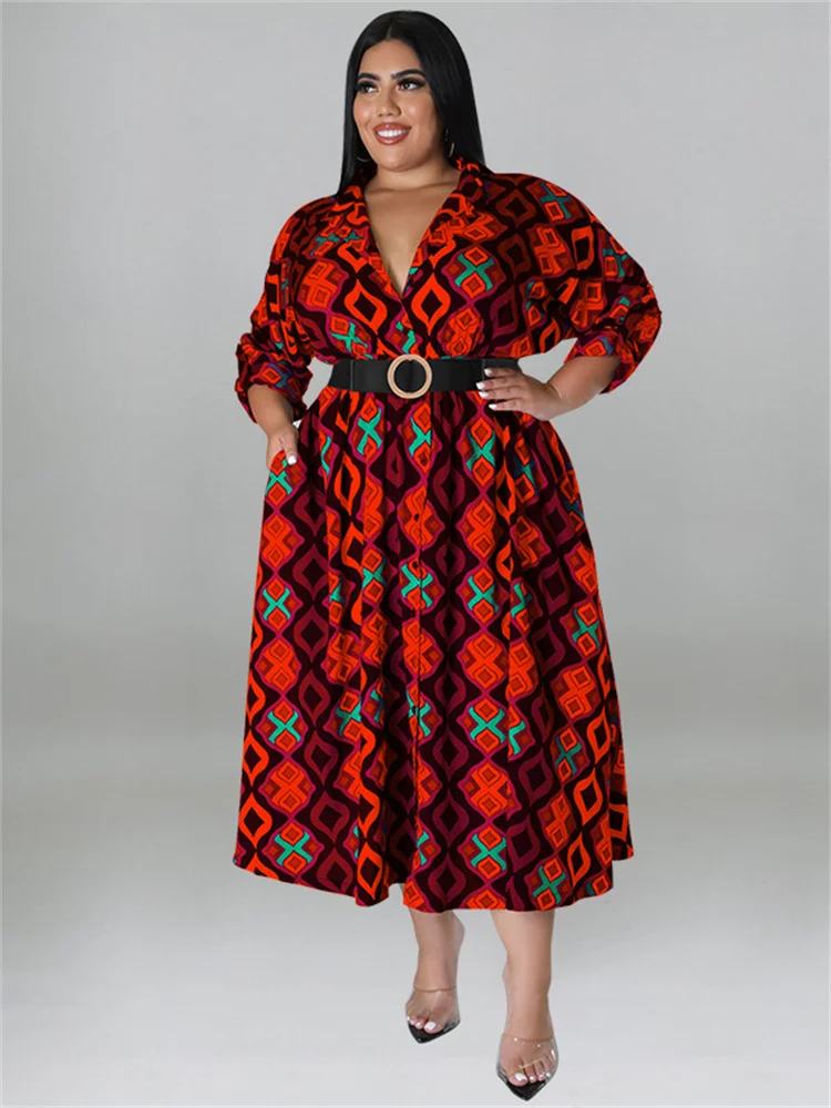 Wmstar Plus Size Dresses Women with Belt V Neck Print Maxi Dress Elegant Office Lady Fashion Streetwear Wholesale Dropshipping
