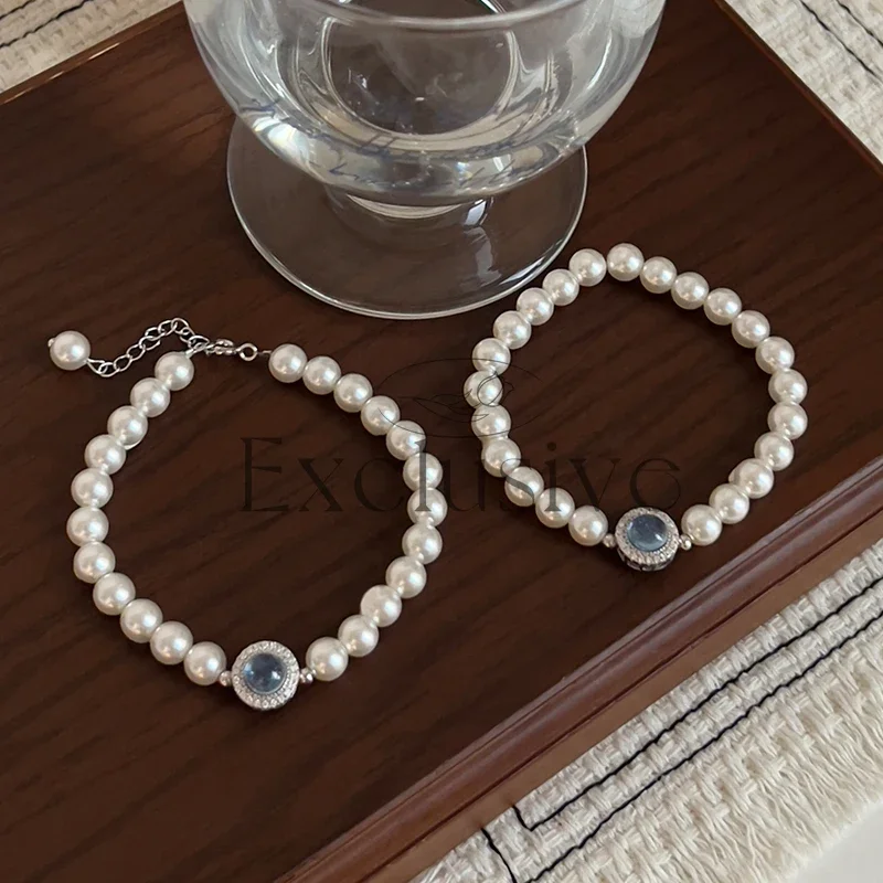 Sterling silver flash diamond aquamarine pearl bracelet women's niche simple light luxury temperament French jewelry