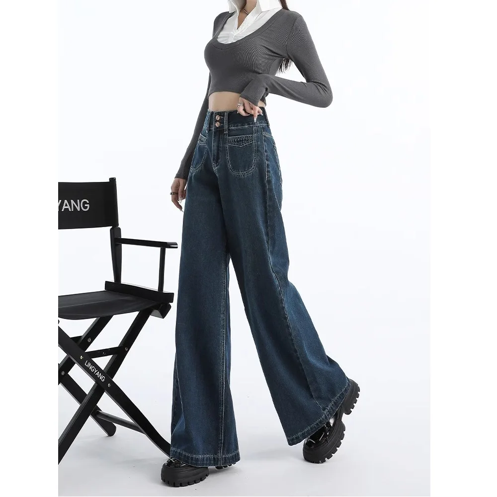 Jeans Women Distressed High Waist Wide Leg Pants Washed Floor Length Streetwear Female Vintage Denims 2024 Autumn Trousers