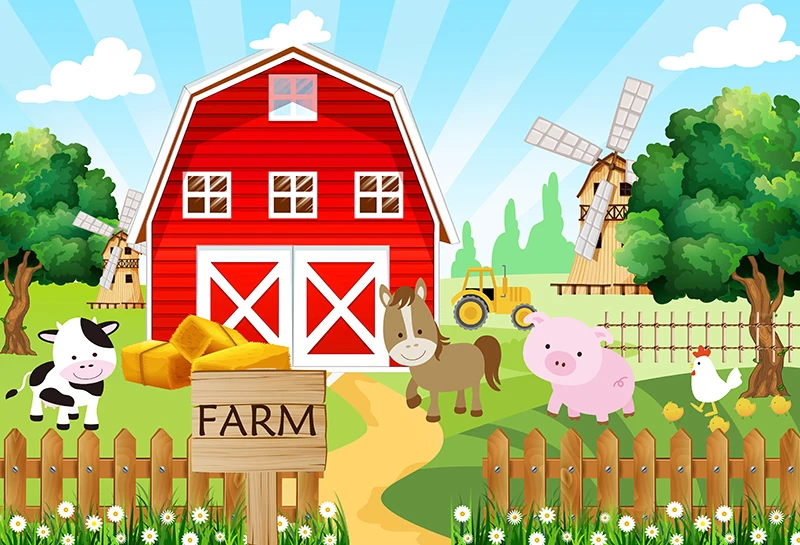 Farm Animal Pony Backdrop Kids Happy Birthday Decoration Cow Windmill Fence Photography Background Baby Shower Studio Banner