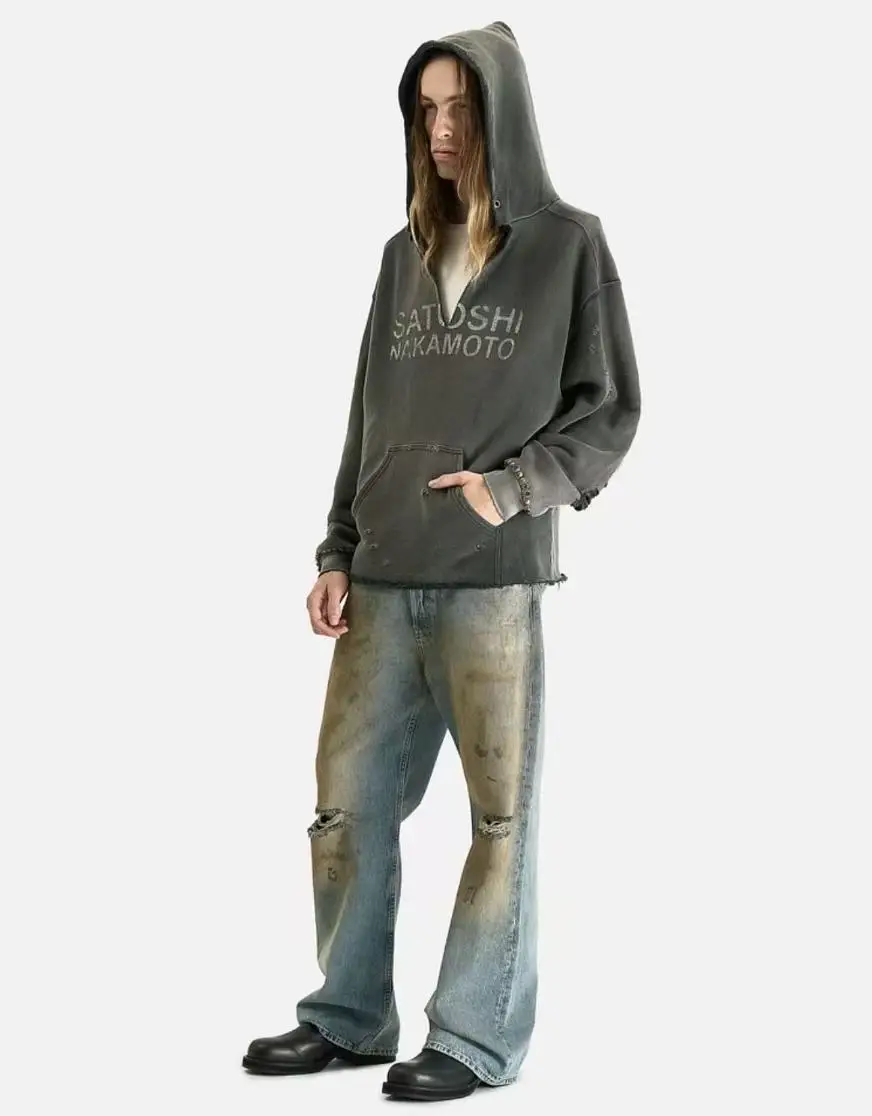 SATOSHI N Brand 26SS”DESTRUCTO' STUDDED WASHED“ Distressed High-Street Hip-Pop Cotton Oversized Hoodies Sweater For Men