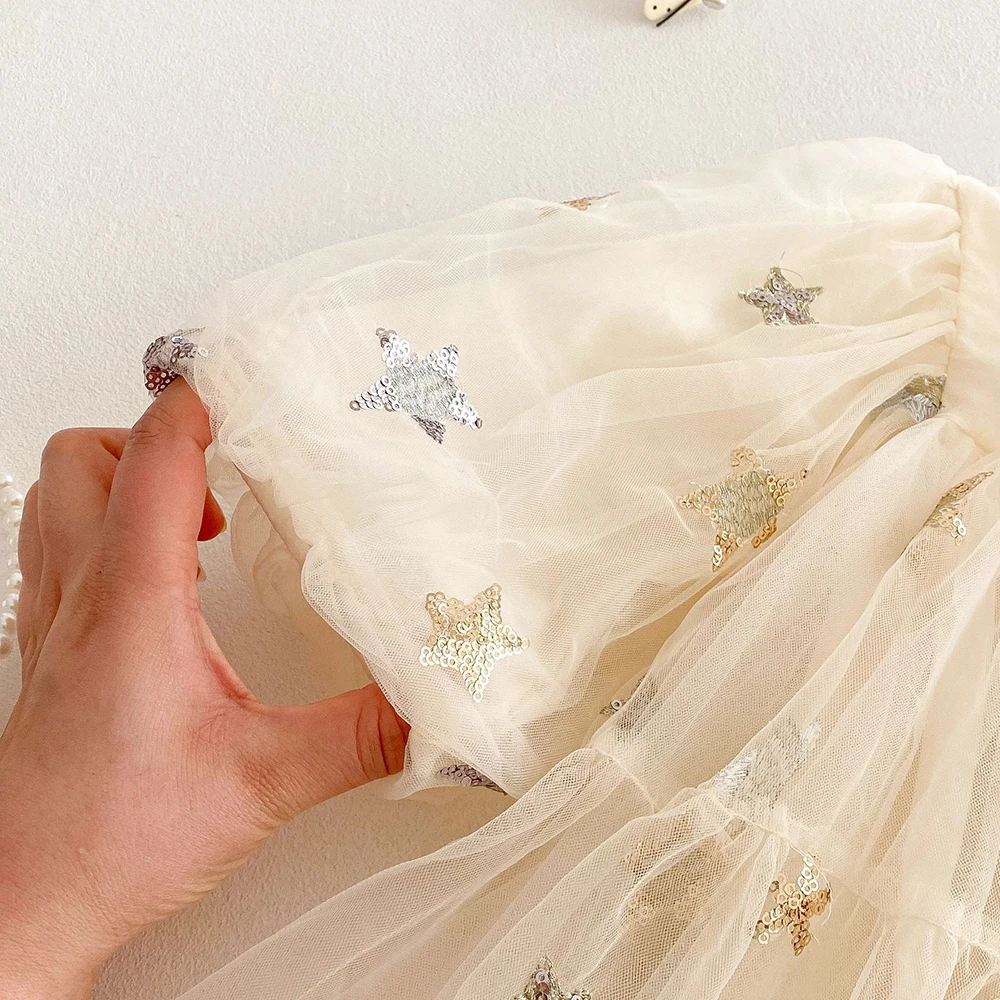 0-5 Jahre Koreanisches Mädchenkleid, Modisches Pailletten-Sternen-Mesh-Kleid mit Laternenärmeln für Kinder, Prinzessinnenkleid 2026, Herbst-Kinderkleidung – Detail 12