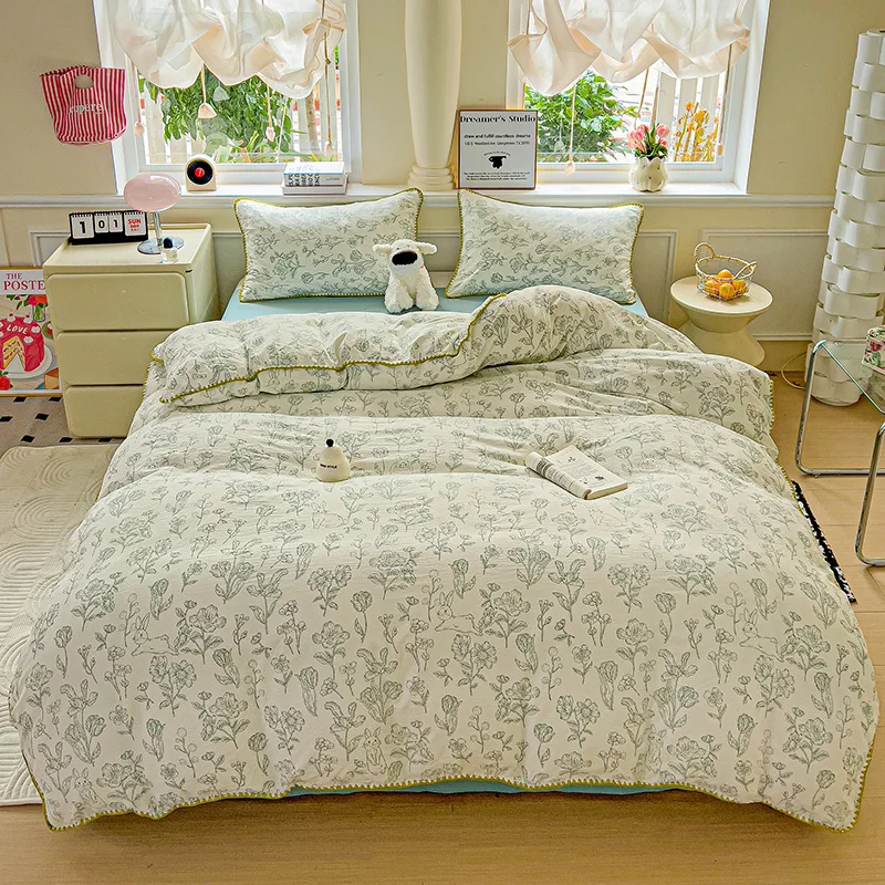 Flower Printed Duvet Cover Sets Queen/King Bedding Set with Shell Edge Washed Cotton dekbedovertrek 240x220  이불 커버 Bed Cover Set
