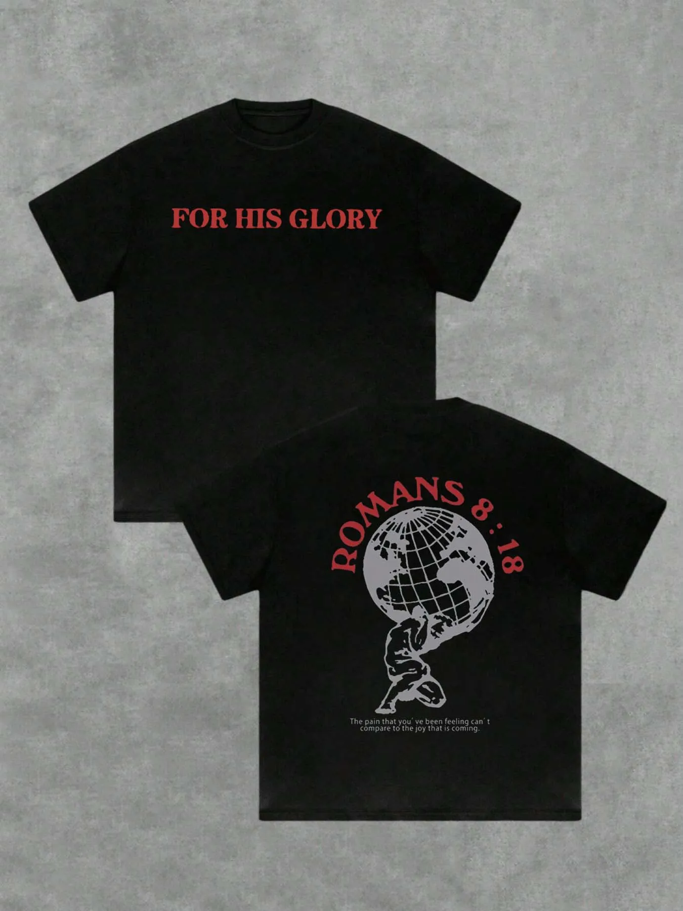 

Men's casual short-sleeve T-shirt with double-sided print, 'For His Glory' print, available in black and white.