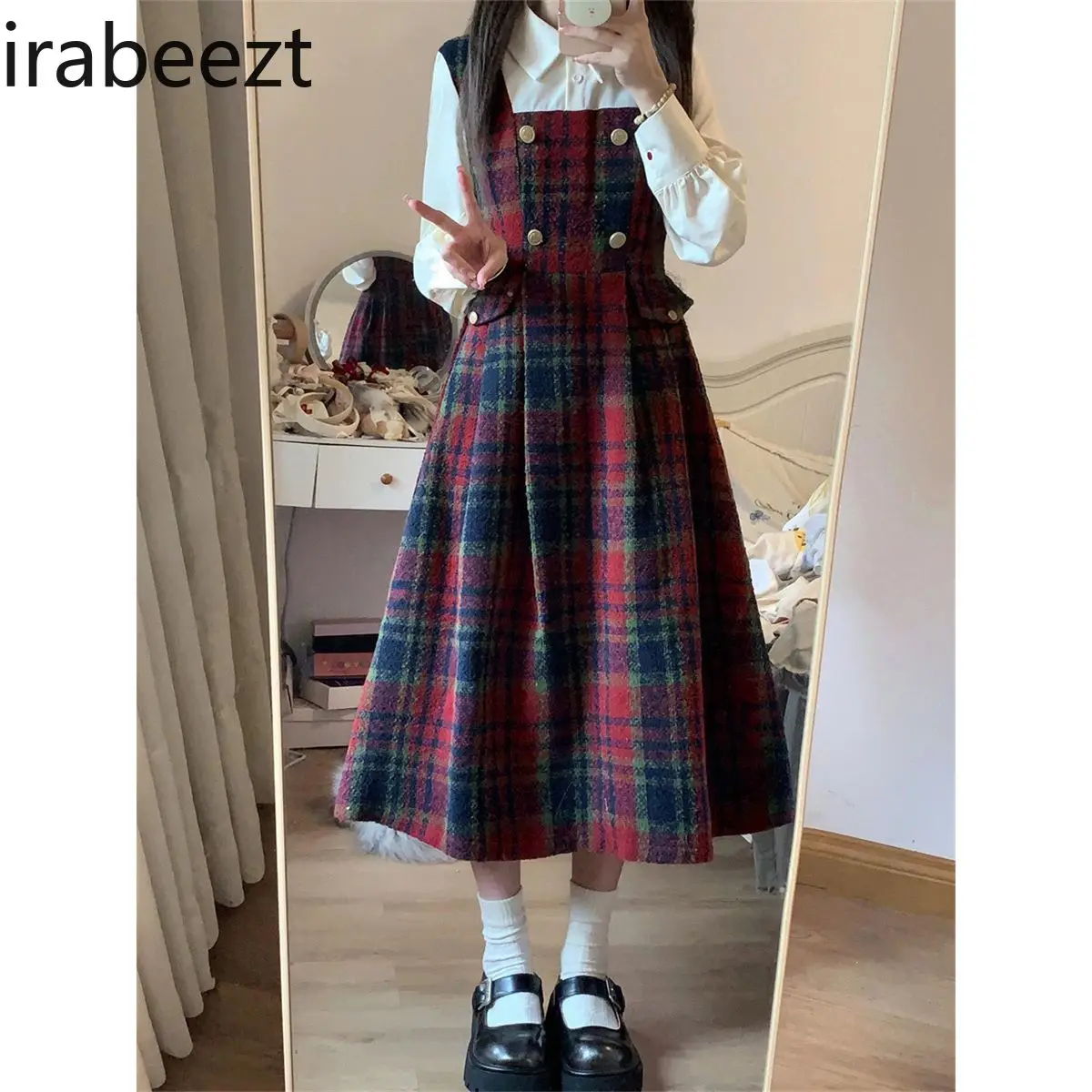 Autumn and Winter New College Style Two-piece Set French Gentle Temperament High-end Fresh Red Plaid Suit Dress