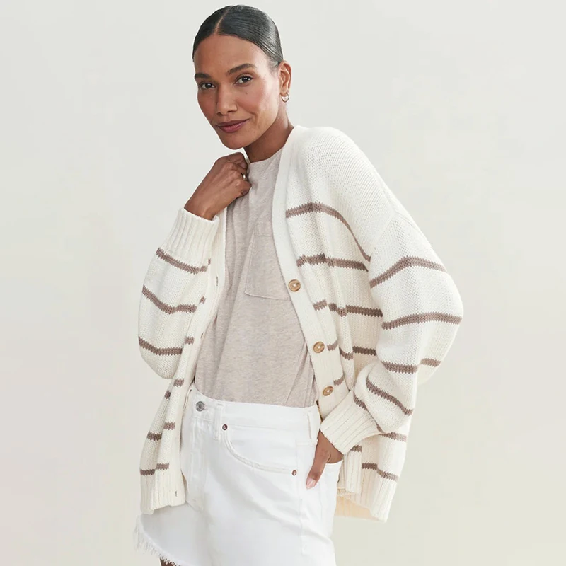 

Ticketsx Stripe Knit Sweater Women's V Neck Single Breasted Long Sleeve Autumn Pullover Top Lady Loose Comfort Casual Sweater