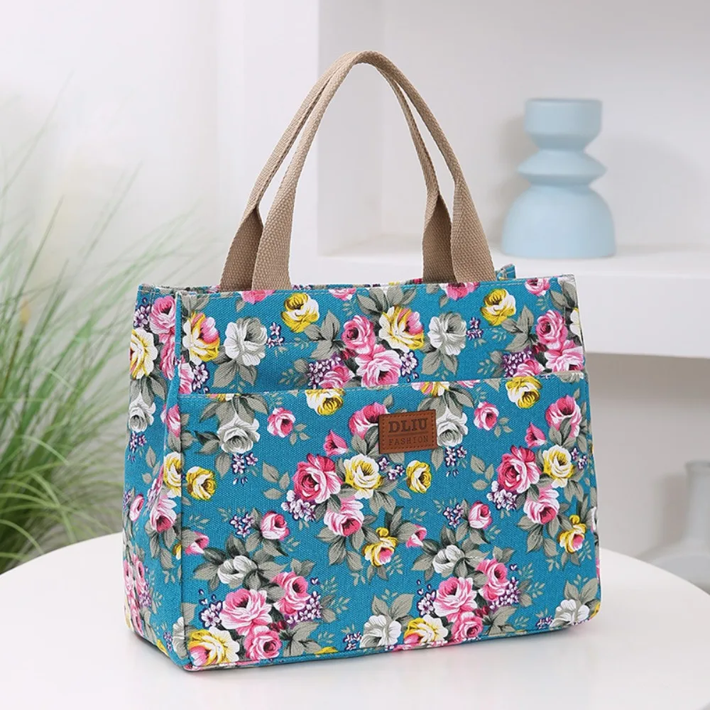 

Shopping Portable Floral Print Tote Bag Zipper Ethnic Style Canvas Lunch Bag Large Capacity Fabric Mommy Bag Picnic
