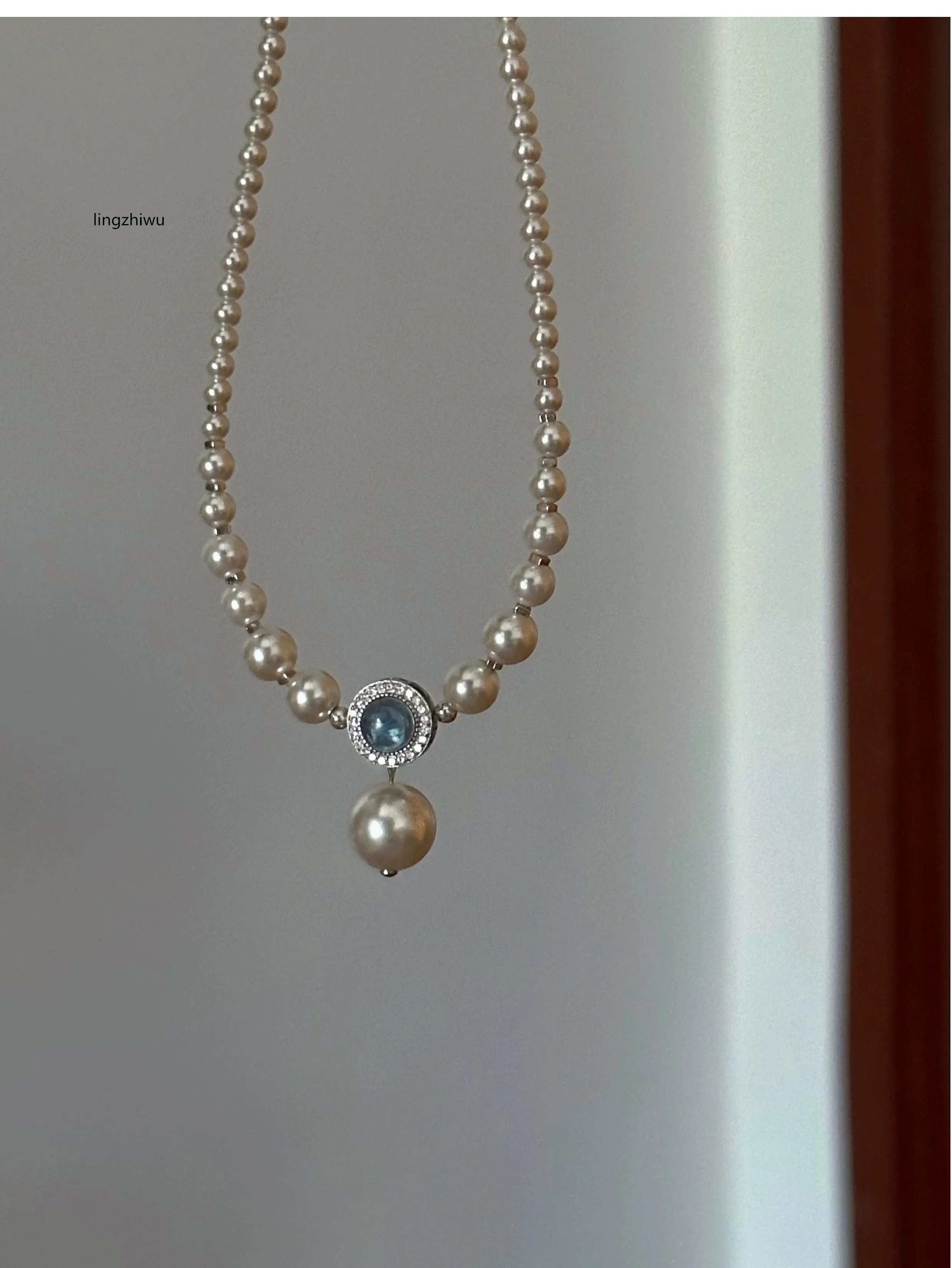 lingzhiwu Korean Design Navy Blue Pearl Necklace Gradient Mew Arrival