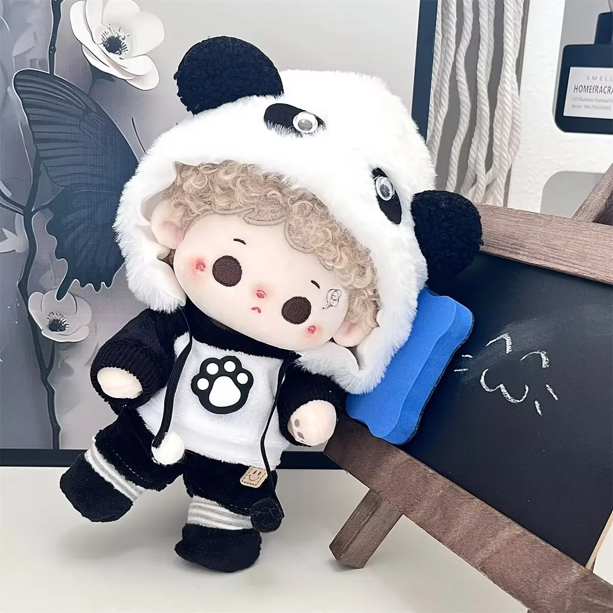 【 판다 자이 자이 】20cm 면 인형 의류 세트, 어린이를 위한 흑백 판다 봉제 인형 드레스업