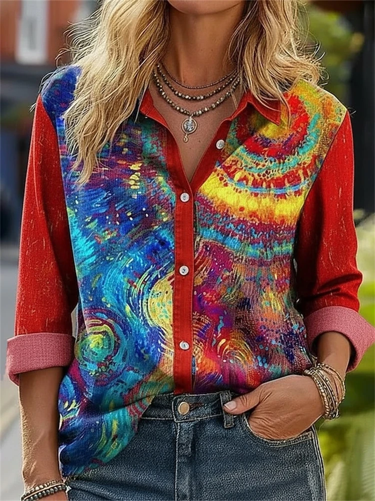New Women’s Autumn Fashion Long-Sleeve Shirt Color-Block Design Collared Button-Down Casual Top for Outdoors and Vacation